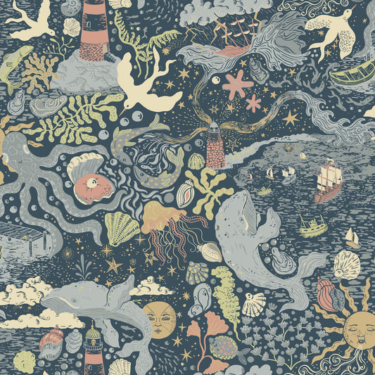 York Wallcoverings Daydream Havet Dark Blue Wallpaper Whimsical Animals and Insects Blues   - MB29018