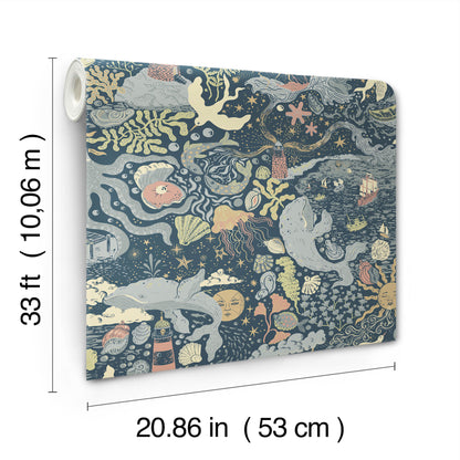 York Wallcoverings Daydream Havet Dark Blue Wallpaper Whimsical Animals and Insects Blues   - MB29018