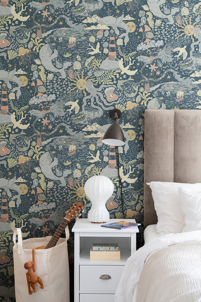 York Wallcoverings Daydream Havet Dark Blue Wallpaper Whimsical Animals and Insects Blues   - MB29018