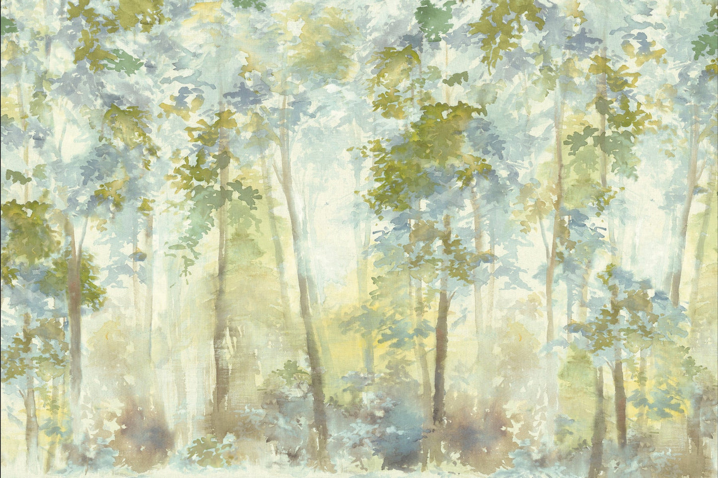 Watercolor forest scene with tall slender trees, soft greens, yellows, and blues, a misty woodland vibe.