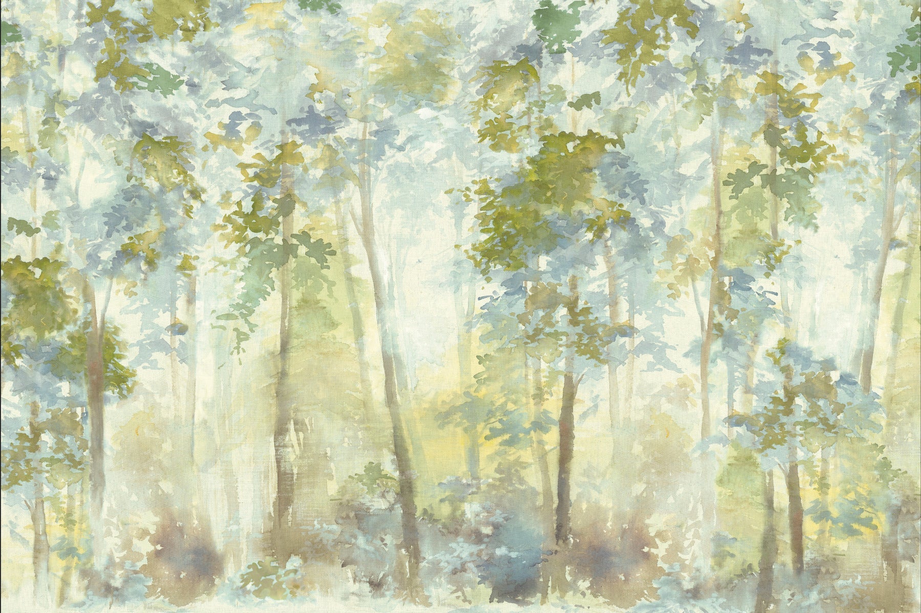 Watercolor forest scene with tall slender trees, soft greens, yellows, and blues, a misty woodland vibe.