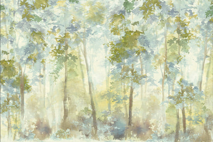 Watercolor forest scene with tall slender trees, soft greens, yellows, and blues, a misty woodland vibe.