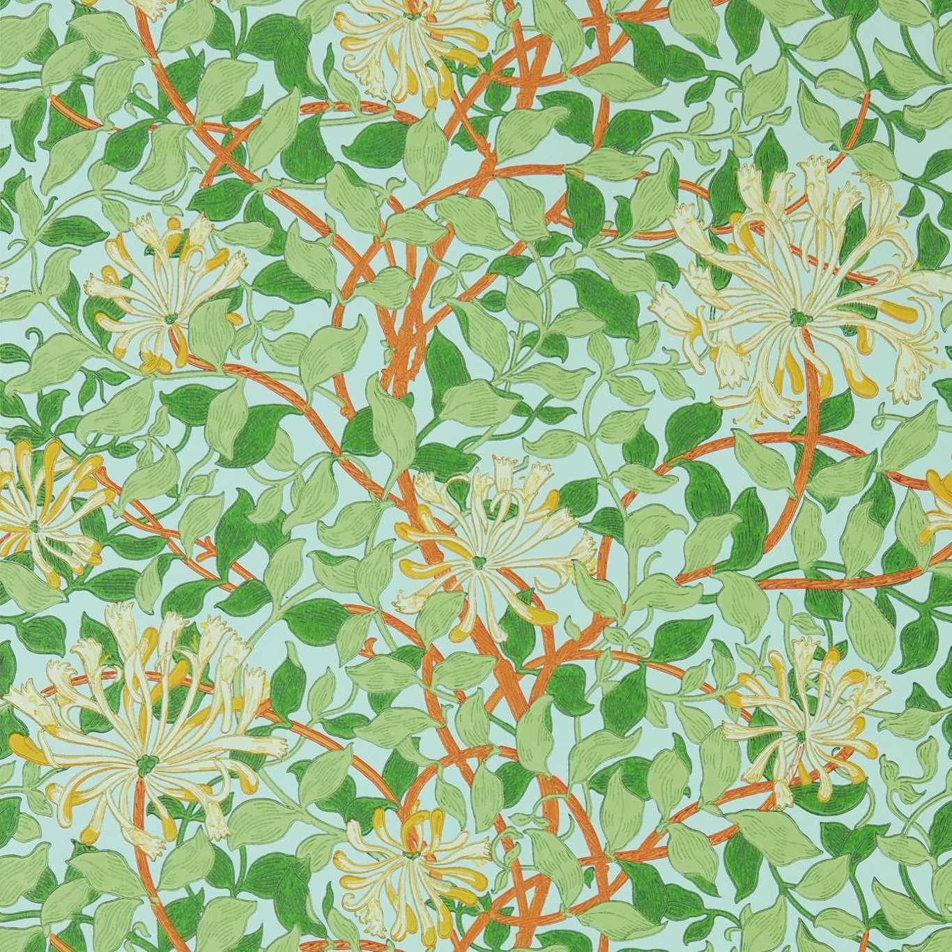 MORRIS & CO Honeysuckle Wallpaper Classic Floral Sky,Burnt Orange  Surface- Printed Wallpaper - MCOW217094