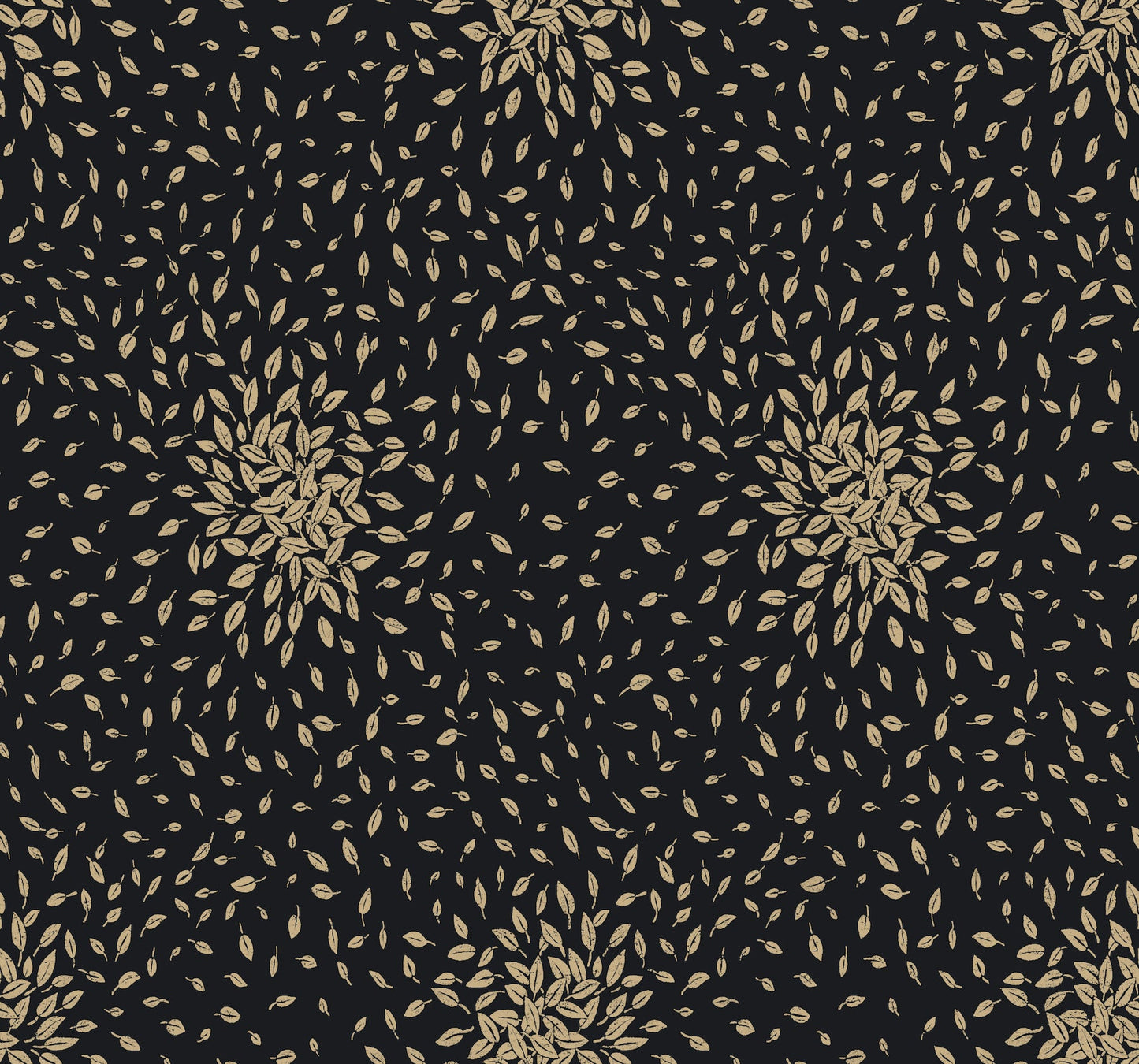 Black and gold wallpaper featuring petite leaf clusters forming rosettes on a dark background; botanical pattern.