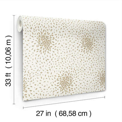 Beige wallpaper roll with petite leaves motif in cream and gold on cream background, 27 in wide by 33 ft long