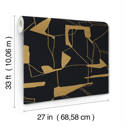 York Wallcoverings Antonina Vella Modern Metals Second Edition Abstract Geo Black and Gold Wallpaper  Geometrics Blacks   - MD7115
