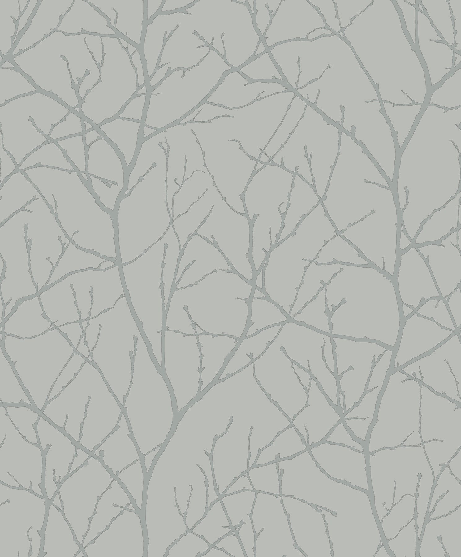 Smokey blue and silver wallpaper featuring crisscrossing silhouettes of bare tree branches.
