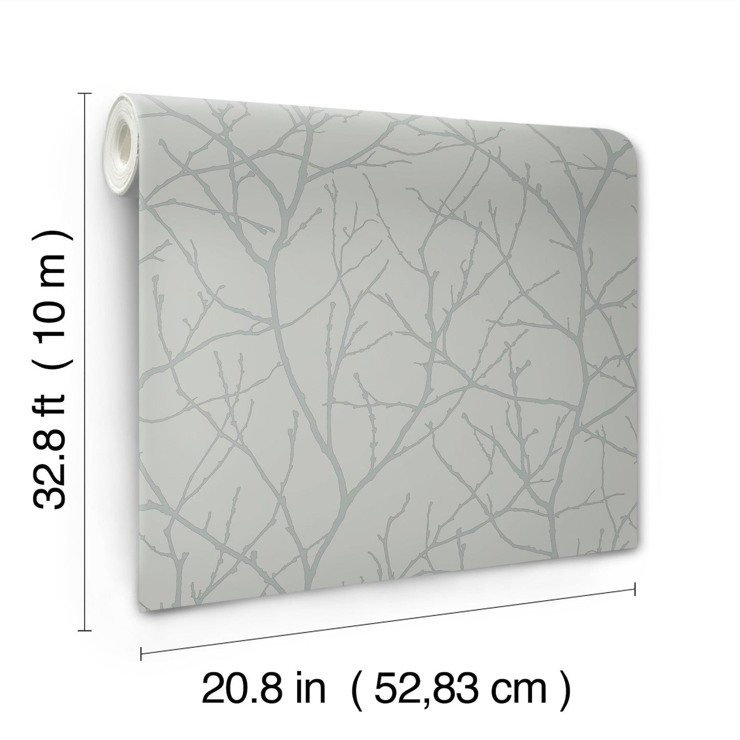 Wallpaper roll featuring a trees silhouette pattern in smokey blue and silver on a light gray background, 20.8 in wide by 32.8 ft long.