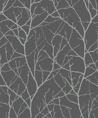 York Wallcoverings Antonina Vella Modern Metals Second Edition Trees Silhouette Charcoal and Silver Wallpaper  Botanical Greys   - MD7125