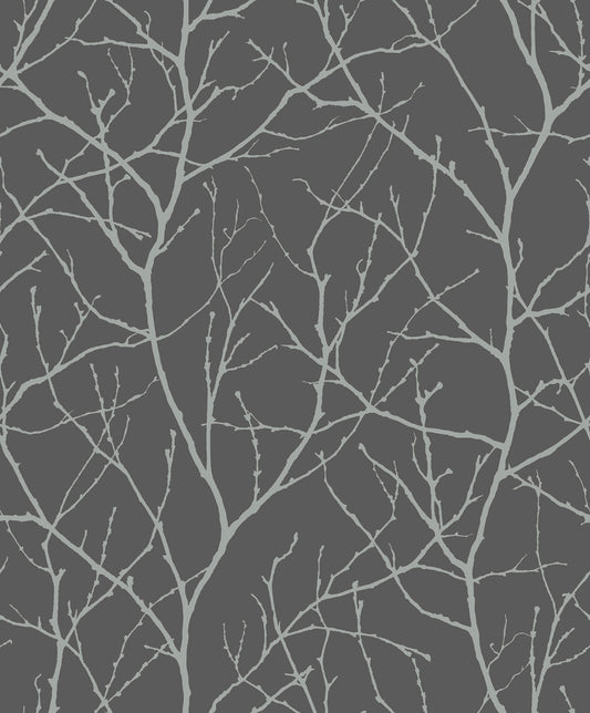 York Wallcoverings Antonina Vella Modern Metals Second Edition Trees Silhouette Charcoal and Silver Wallpaper  Botanical Greys   - MD7125