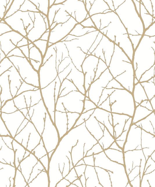 York Wallcoverings Antonina Vella Trees Silhouette White and Gold Wallpaper  Botanical Whites and Off-Whites   - MD7126
