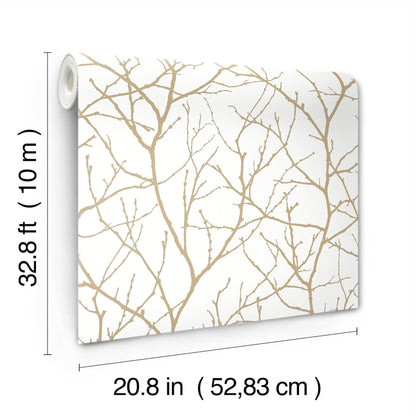 York Wallcoverings Antonina Vella Trees Silhouette White and Gold Wallpaper  Botanical Whites and Off-Whites   - MD7126