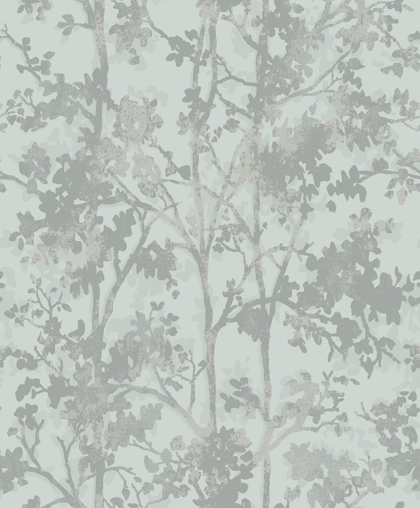 Mint-green wallpaper featuring gray silhouetted trees and blossoms in a decorative botanical pattern.