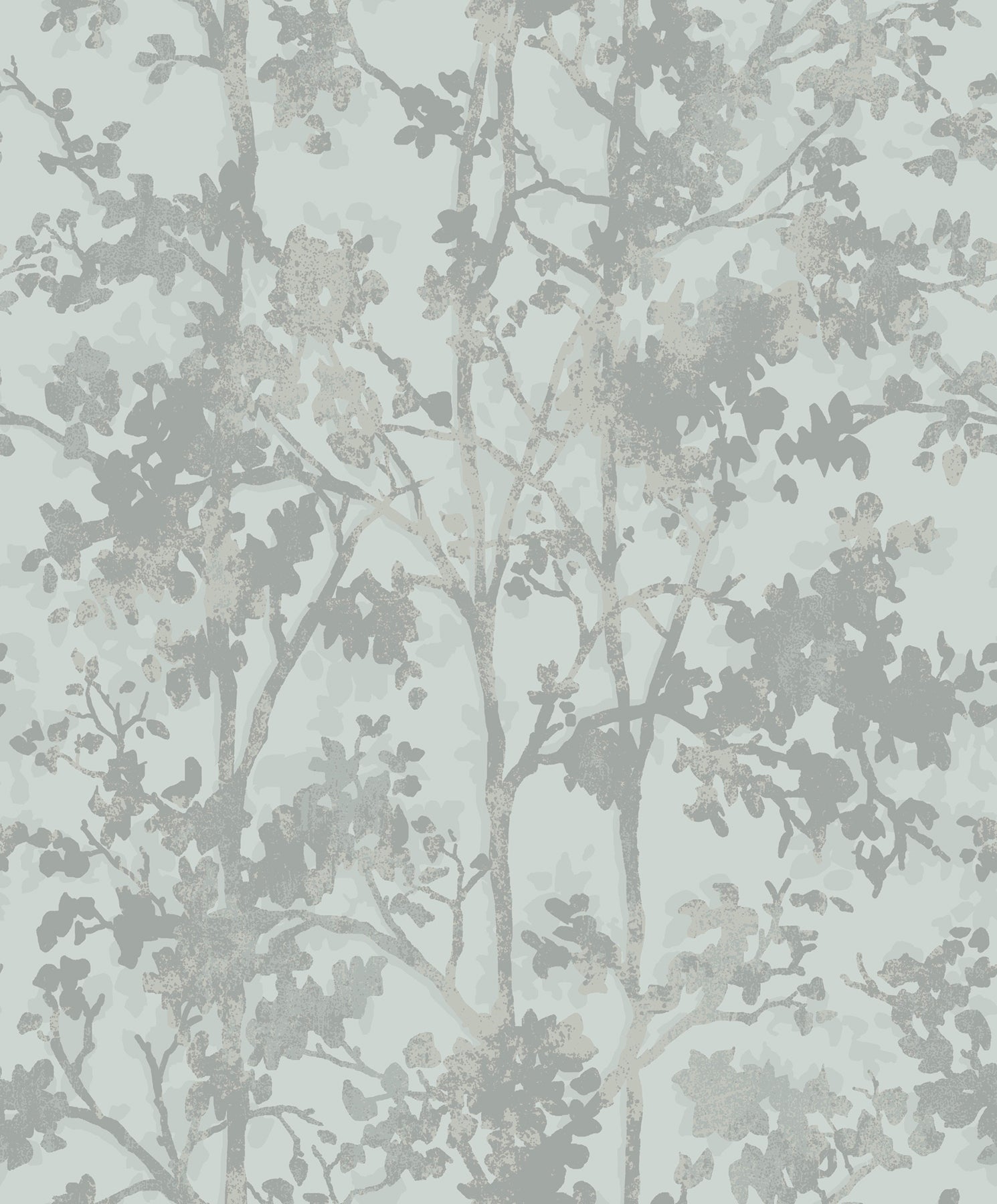 Mint-green wallpaper featuring gray silhouetted trees and blossoms in a decorative botanical pattern.