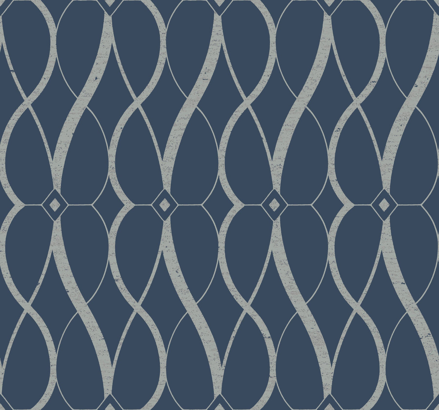 Navy blue wallpaper with pale silver, textured looping ribbons and small diamond accents.