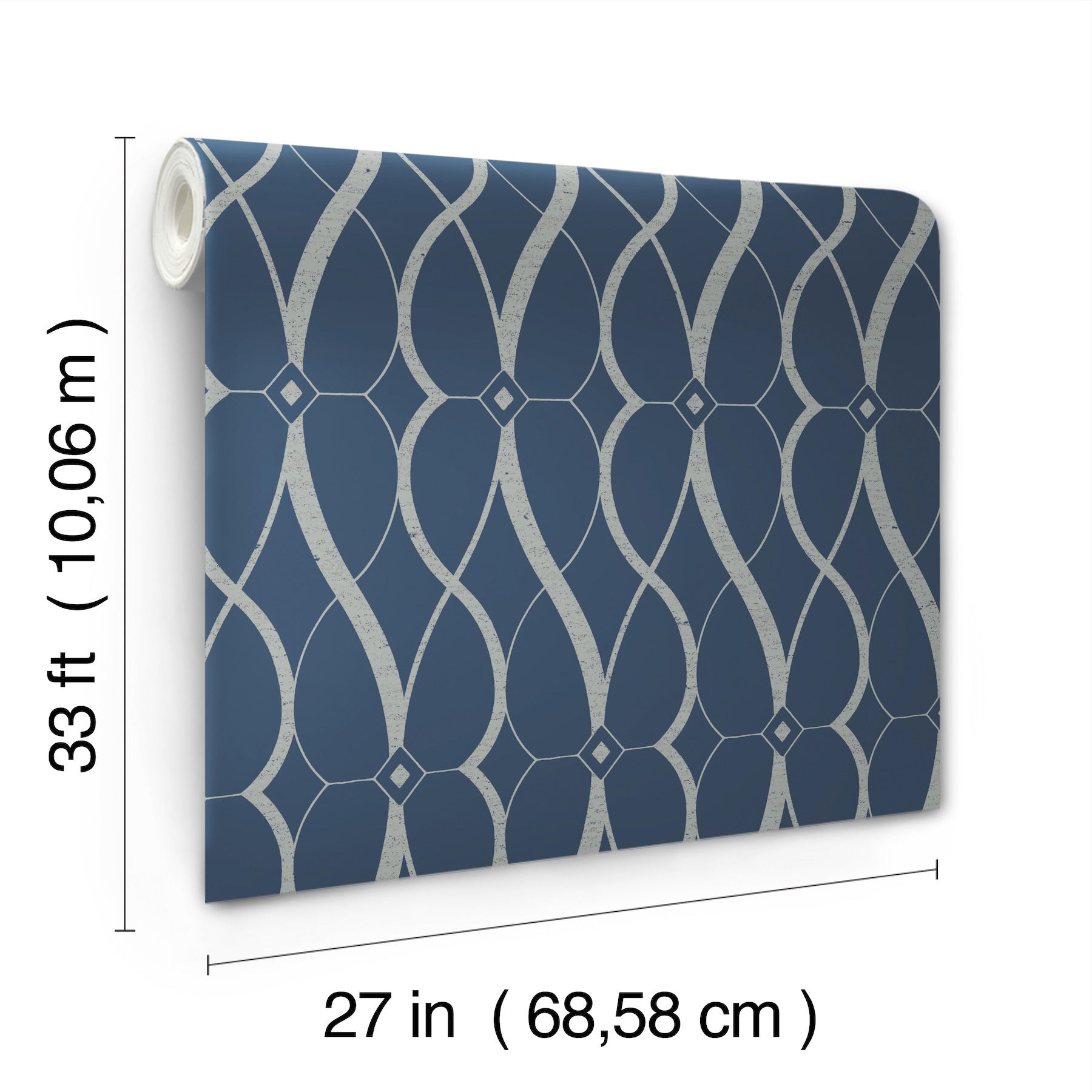 Blue wallpaper roll with metallic-silver interlocking curved lattice pattern for modern walls.