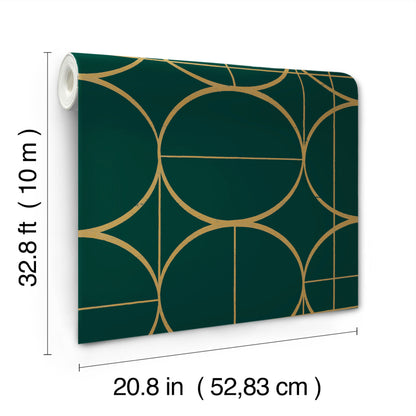 York Wallcoverings Antonina Vella Modern Metals Second Edition Sun Circles Emerald and Gold Wallpaper  Geometrics Greens   - MD7203