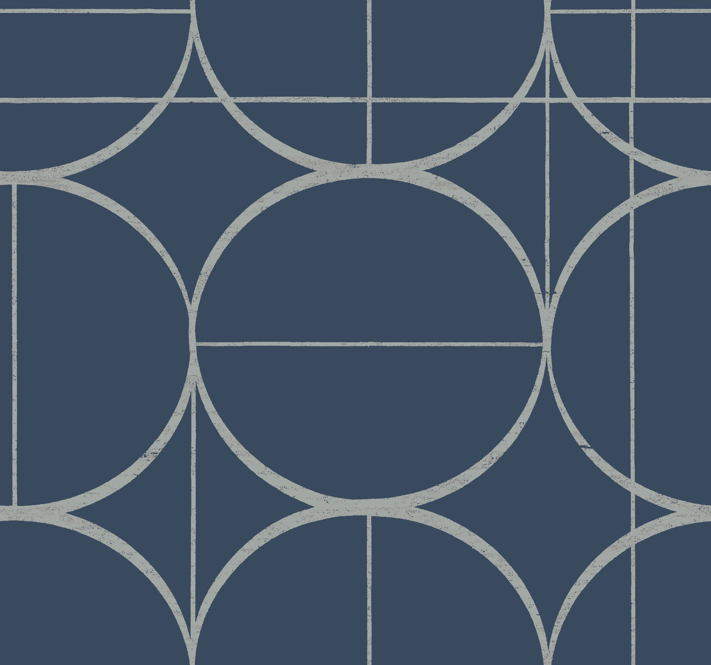 Navy blue and pale gray sun-circle geometric wallpaper featuring circular arcs and straight lines.
