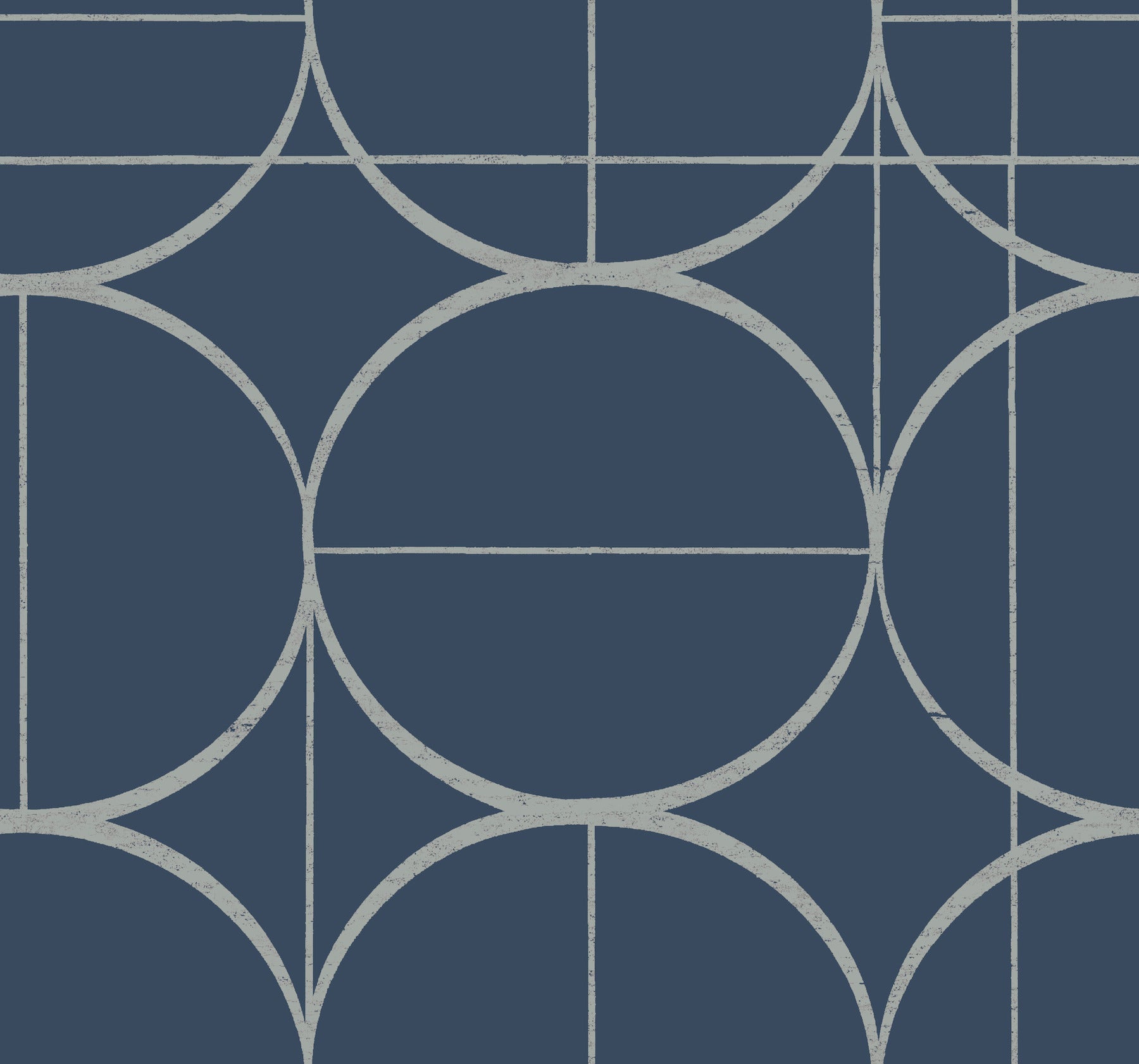 Navy blue and pale gray sun-circle geometric wallpaper featuring circular arcs and straight lines.
