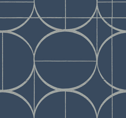 Navy blue and pale gray sun-circle geometric wallpaper featuring circular arcs and straight lines.
