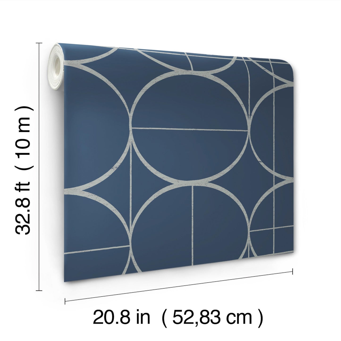 Blue wallpaper with circular geometric sun-circle motif in white and silver on a navy background; rolled left edge.