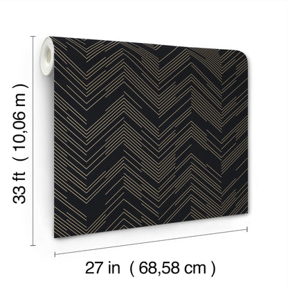 York Wallcoverings Antonina Vella Polished Chevron Black and Gold Wallpaper  Chevron and Houndstooth Blacks   - MD7221