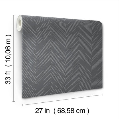 York Wallcoverings Antonina Vella Polished Chevron Charcoal and Silver Wallpaper  Chevron and Houndstooth Greys   - MD7226