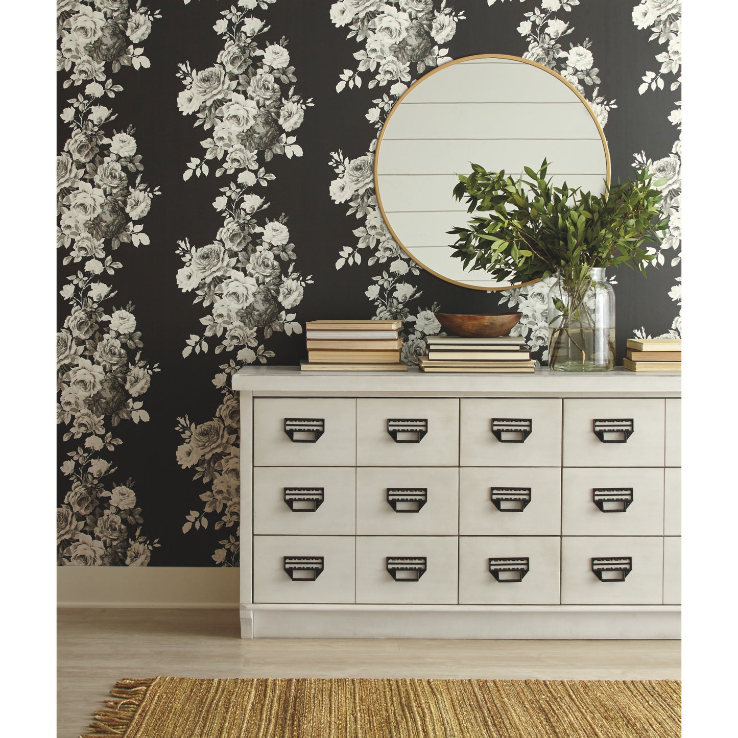 York Wallcoverings York Wallcoverings Magnolia Home Vol. II Tea Rose Black & White Wallpaper   Black & White   - ME1533