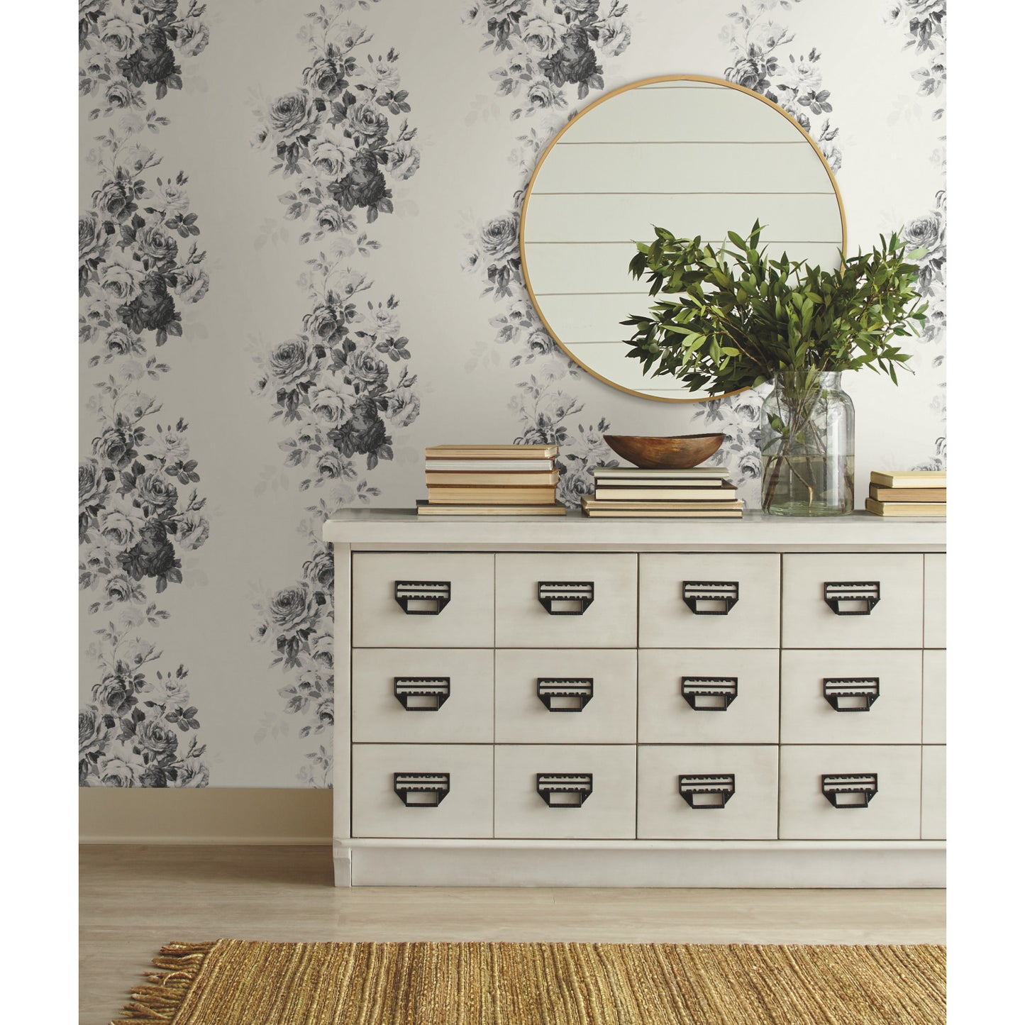 York Wallcoverings Magnolia Home Vol. II Tea Rose Black and White Wallpaper   Whites and Off-Whites   - ME1534