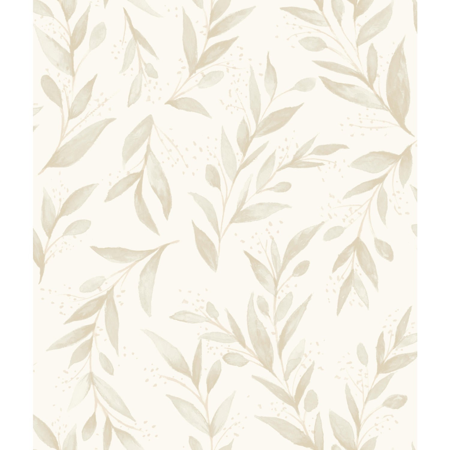 Beige wallpaper with an olive-branch botanical pattern for a light, neutral decor look.
