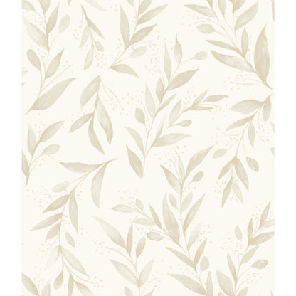 Beige wallpaper with an olive-branch botanical pattern for a light, neutral decor look.