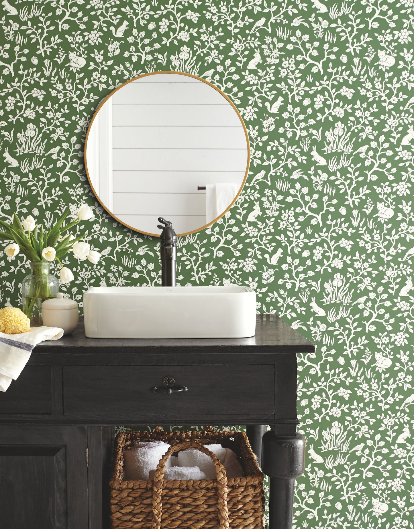York Wallcoverings Magnolia Home Vol. II Fox and Hare Forest Green Wallpaper   Greens   - ME1573