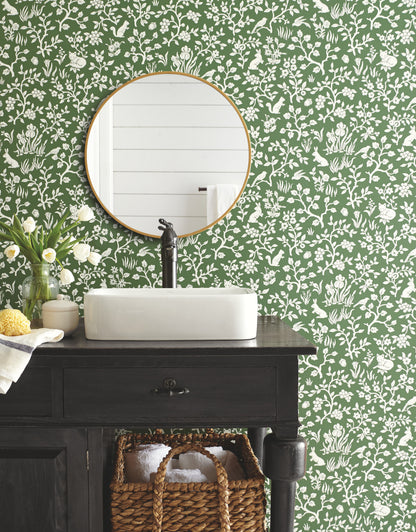York Wallcoverings Magnolia Home Vol. II Fox and Hare Forest Green Wallpaper   Greens   - ME1573