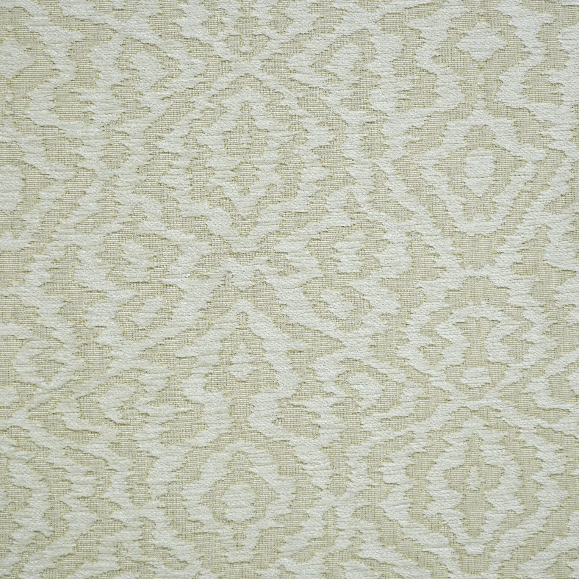 Beige jacquard chenille fabric with a geometric pattern; suitable for upholstery and drapery.