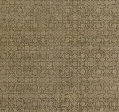Olive-green patterned rug with an intricate vintage motif; woven rug.