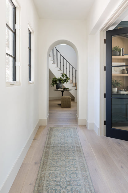 Bright hallway with pale wood floors, blue patterned runner rug, arched doorway to stairs, potted plant on table.