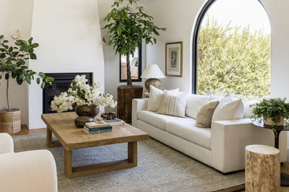 Neutral living room with a rug under a white sofa and beige cushions, a chunky wooden coffee table, an arched window and lush potted plants.