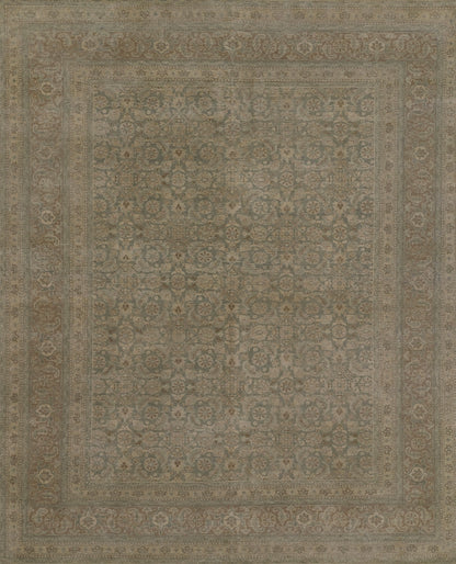 Traditional oriental rug in muted beige and blue-gray with ornate border and dense floral central pattern.