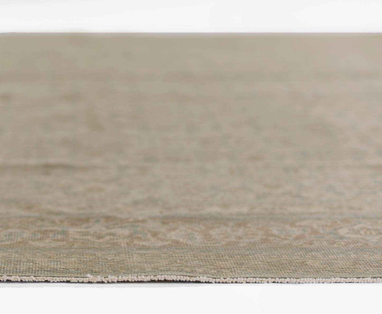 Beige flat-weave rug with subtle texture and short fringe along the edge, close-up view
