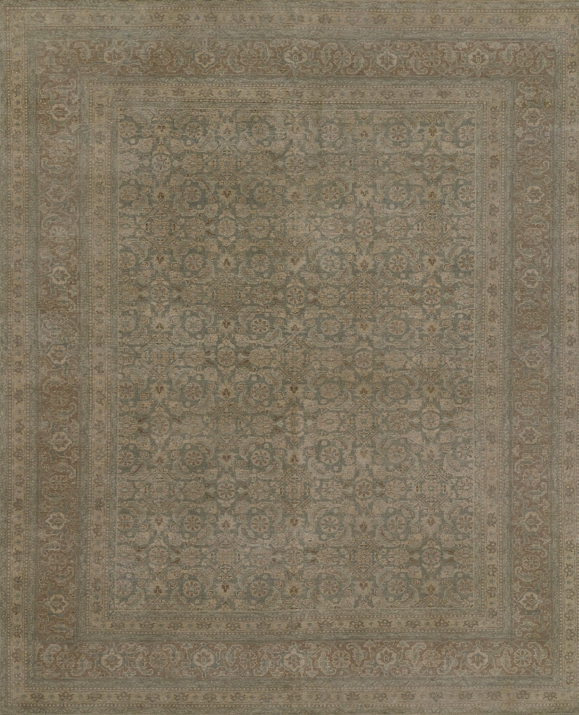 Distressed blue and beige oriental rug with intricate floral medallion border; rectangular, soft pile for living room decor.