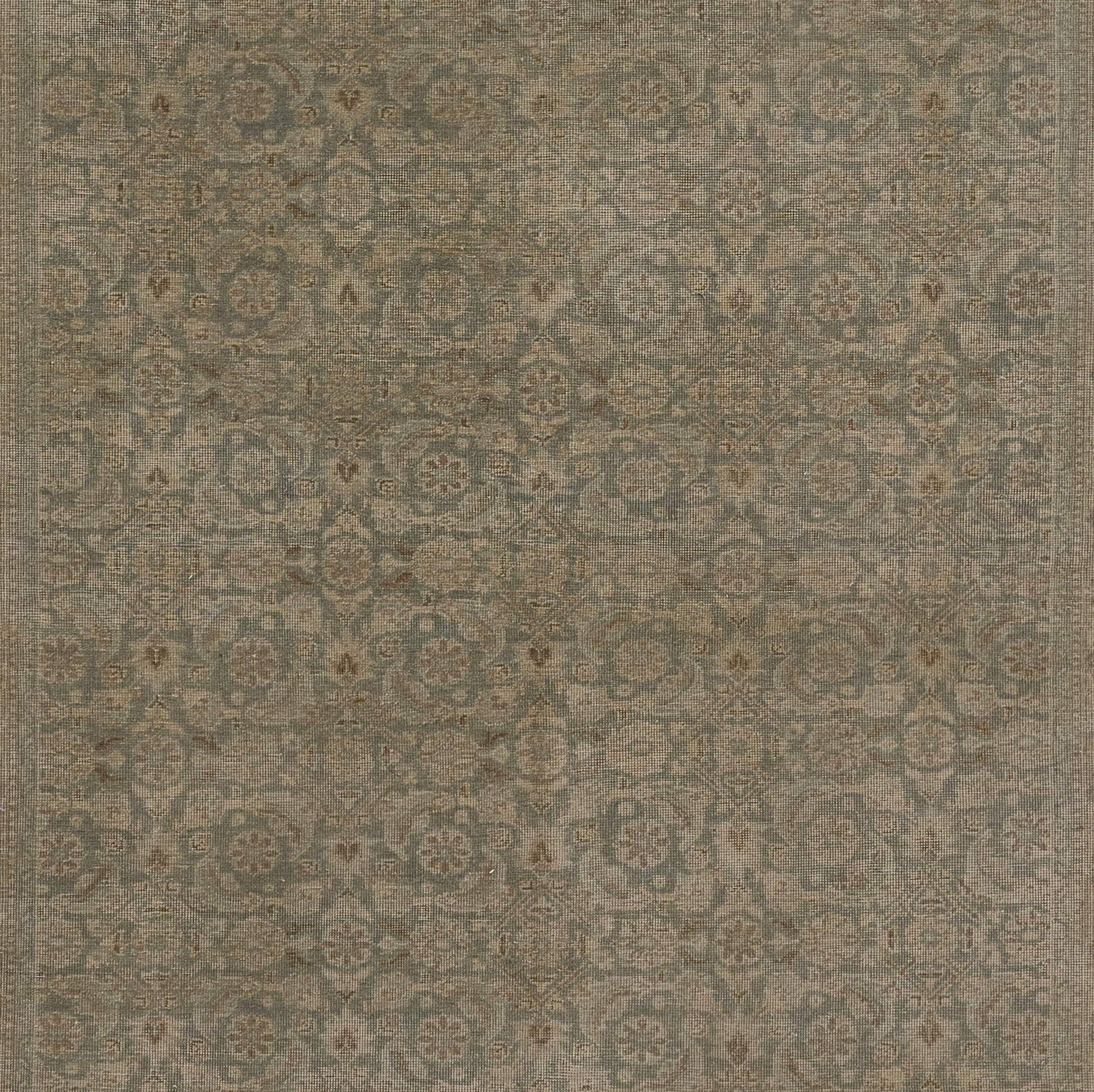 Rectangular blue-grey oriental runner rug with faded taupe floral motifs and border, distressed vintage look.