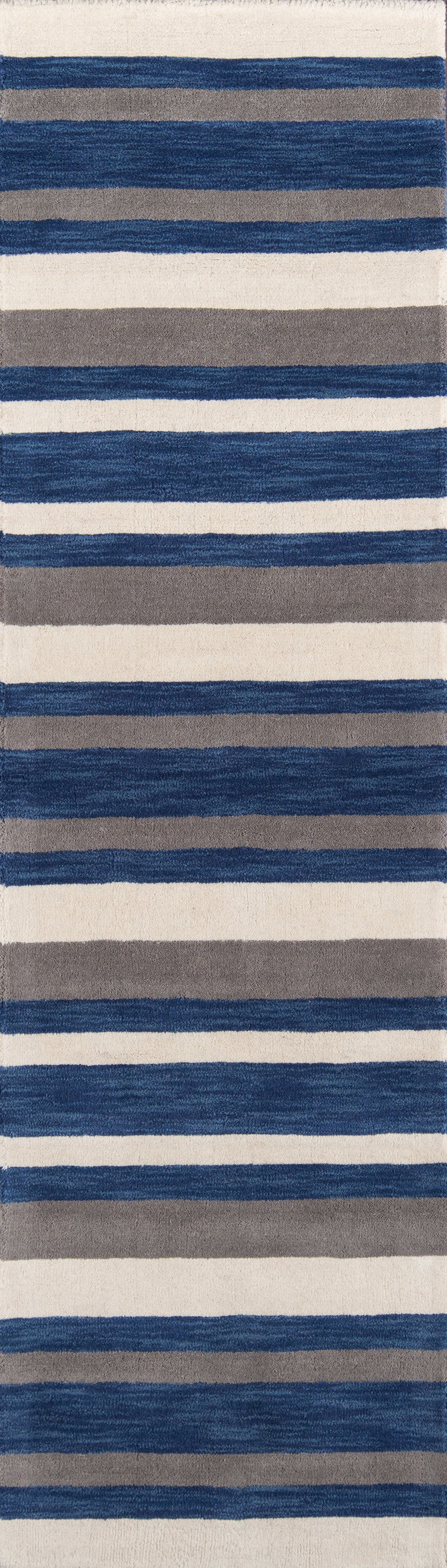 Striped runner rug in navy blue, taupe and cream with bold horizontal bands and soft, plush pile, 2' x 8'.