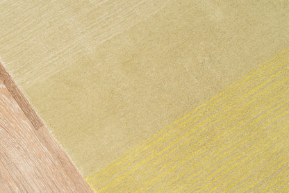 Abstract textured rug runner, 2' x 8', in warm beige with light brown accents and a diagonal yellow stripe.