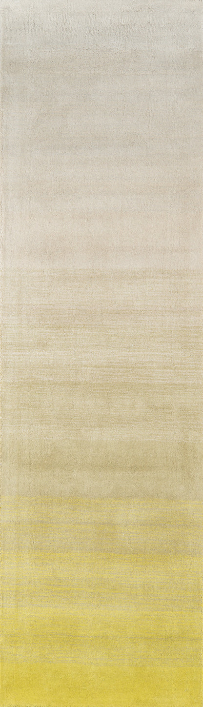 Rectangular ombre rug with beige to sun-yellow gradient; soft woven texture, low-pile.