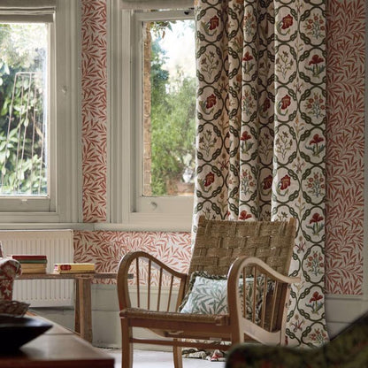Morris and Co Mays Coverlet fabric Twining Vine, embroidered linen blend fabric with detailed vine pattern, designer fabric for curtains, drapery, shades, and pillows, ideal for cottage, farmhouse, and classic interiors.