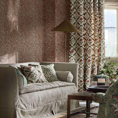 Morris and Co Mays Coverlet fabric Twining Vine, embroidered linen blend fabric with detailed vine pattern, designer fabric for curtains, drapery, shades, and pillows, ideal for cottage, farmhouse, and classic interiors.