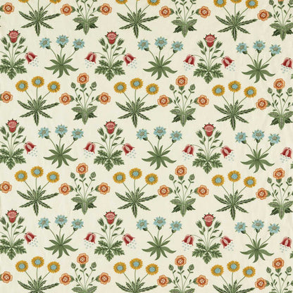 Luxury William Morris Daisy Embroidery Fabric in Cream Multi featuring colorful embroidered floral patterns on textured linen blend fabric. Elegant Morris & Co designer fabric inspired by the historic 1864 Daisy wallpaper, ideal for drapery panels, roman shades, decorative pillows, cottagecore interiors, English country homes, and luxury home décor sewing projects.