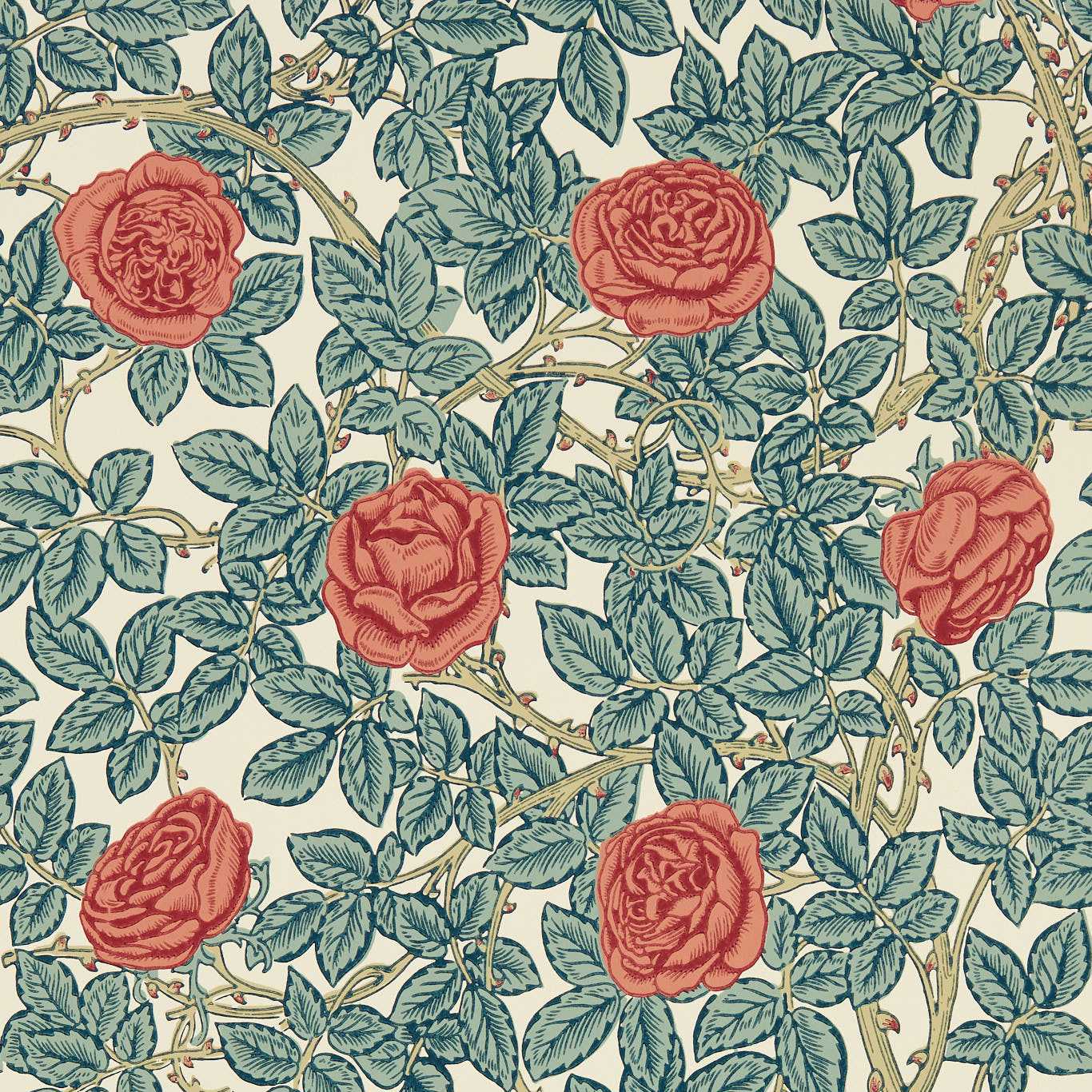 MORRIS & CO Rambling Rose Wallpaper Classic Floral Emery Blue,Spring Thicket  Surflex-Printed Wallpaper - MEWW217206