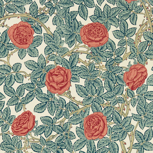 MORRIS & CO Rambling Rose Wallpaper Classic Floral Emery Blue,Spring Thicket  Surflex-Printed Wallpaper - MEWW217206