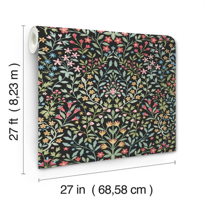 Roll of dark floral wallpaper with colorful blossoms and vines on black background; 27 in wide by 27 ft long.